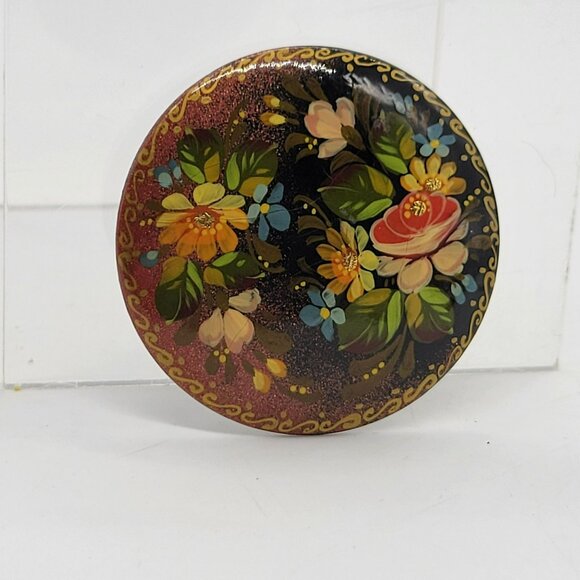 Vintage Hand-Painted Russian Pin Black Lacquer Floral Brooch Gold Accents 2" - Picture 2 of 10